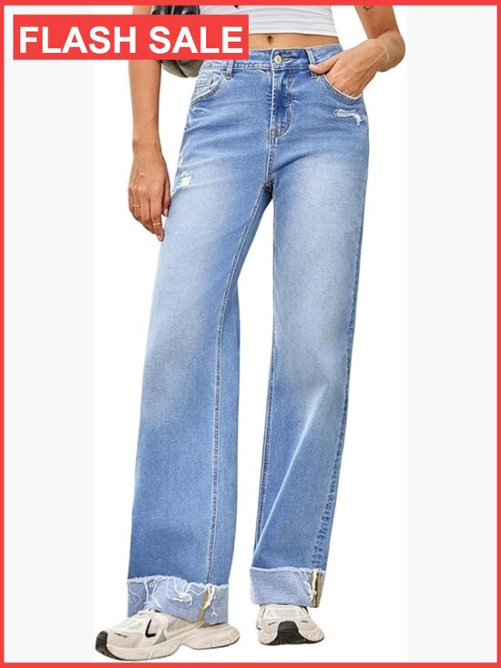 Denim - High Waisted Wide Leg Jeans with Distressed Details and Folded Hem
